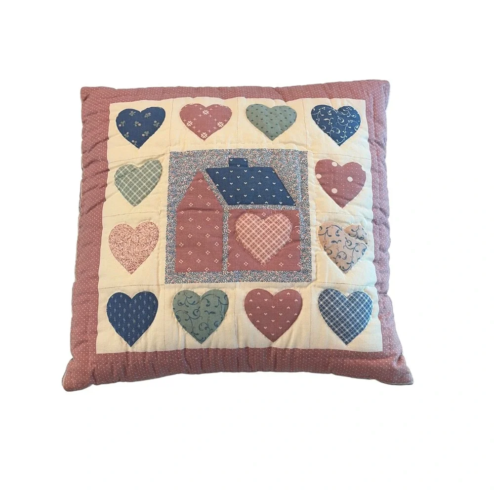 Handmade Quilted Heart House Throw Pillow Country Farmhouse Folk Art  Rose